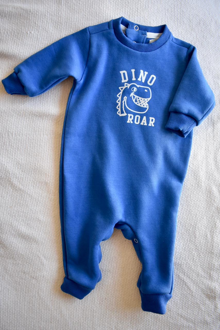 Baby Fleece Cotton Romper – Dino Roar Print Blue