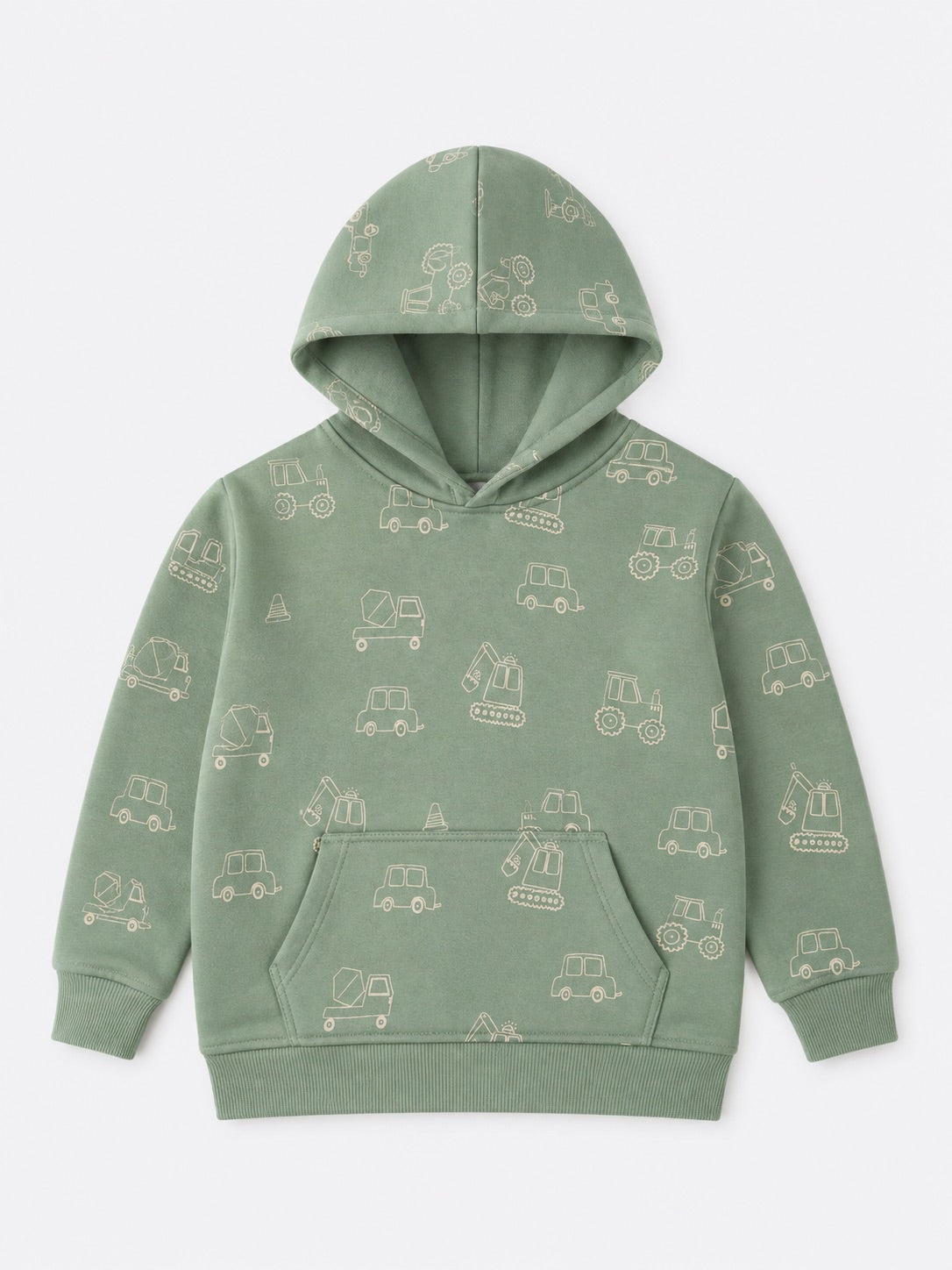 Boys Fleece Hoodies - Car Truck Print Olive Green