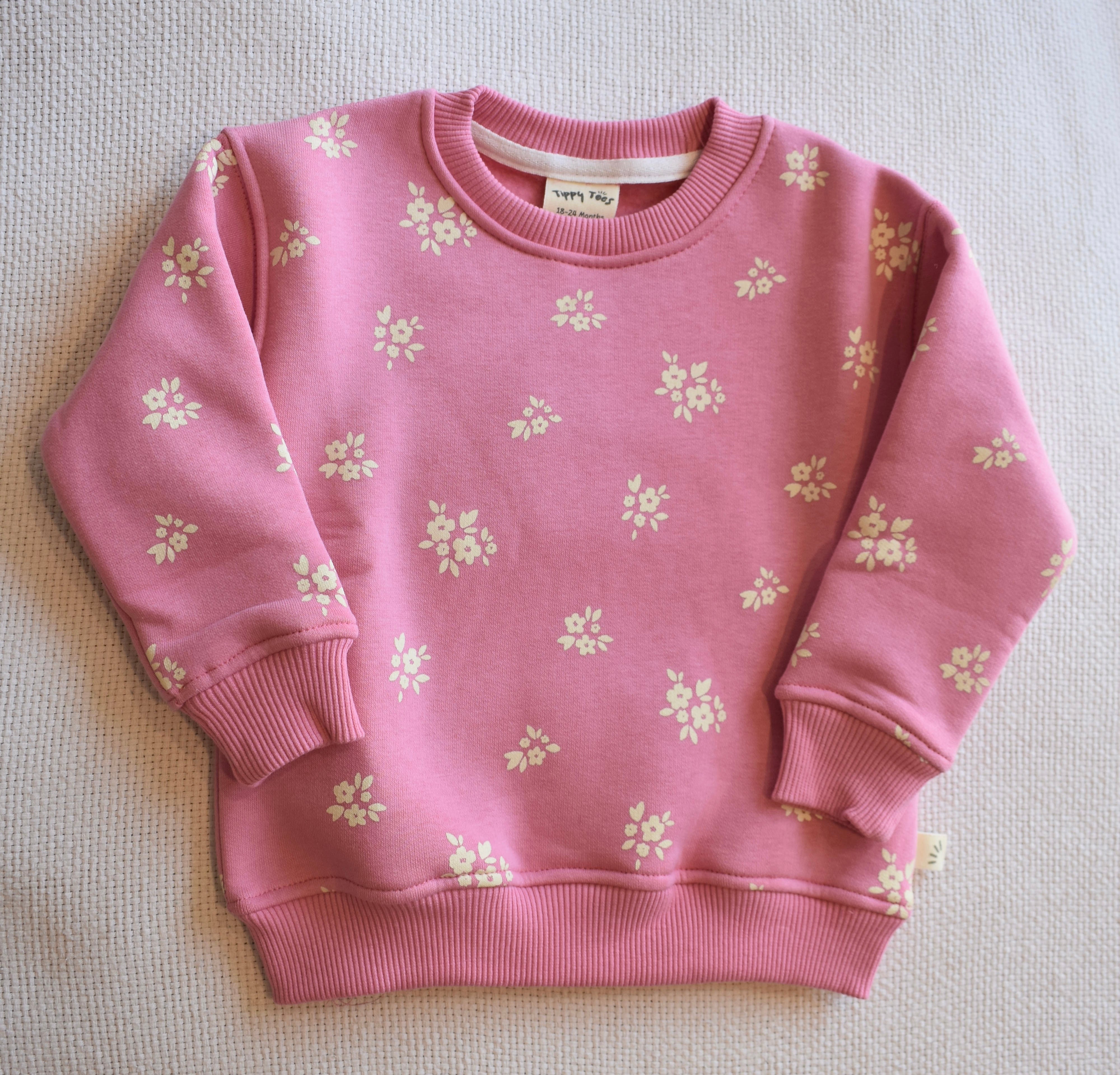 Girls Fleece Sweatshirt - Flower Print Pink