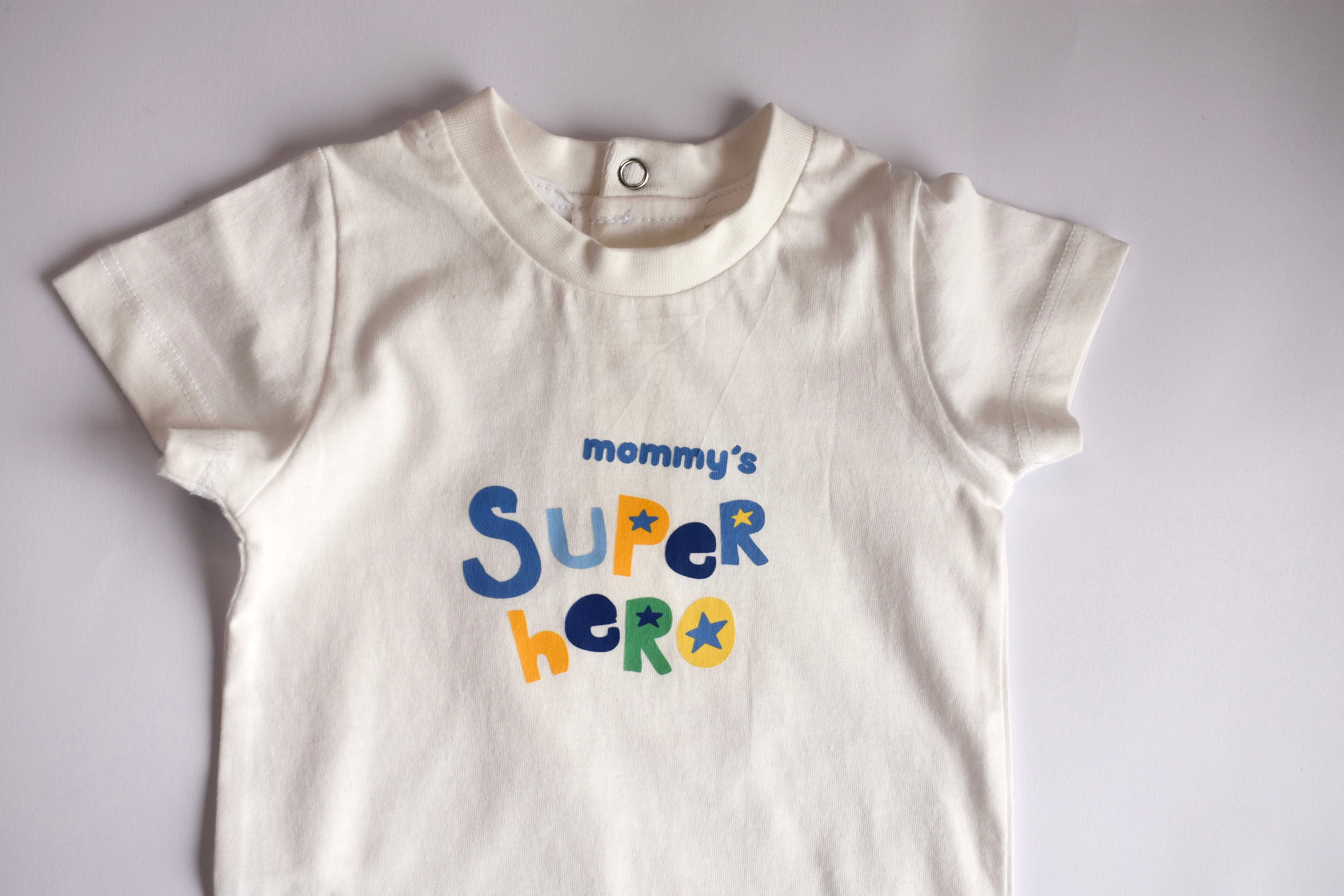 Baby Cotton Romper – Mommy's Super Hero Print Ivory