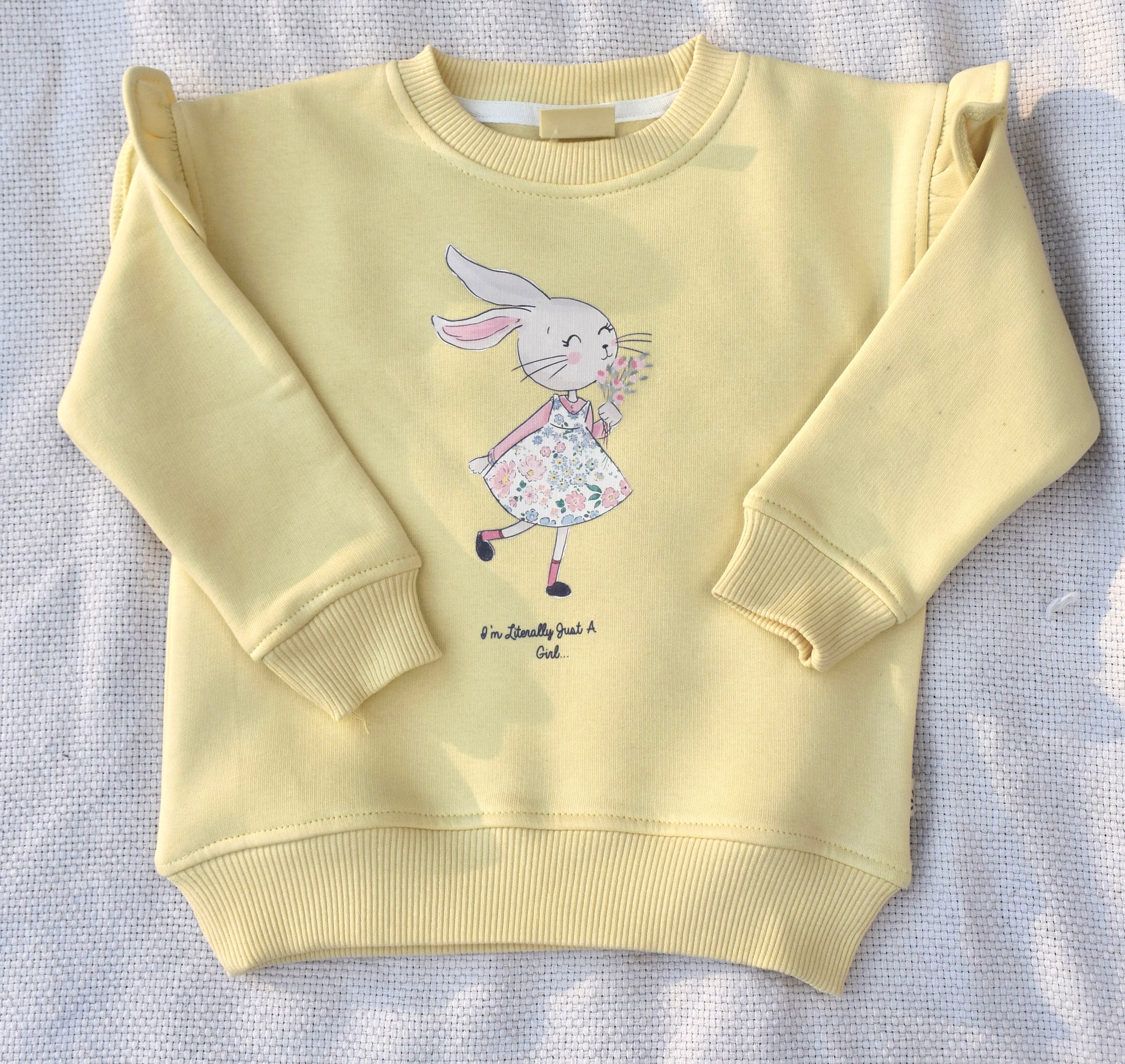 Girls Fleece Sweatshirt - Bunny Print Butter Yellow