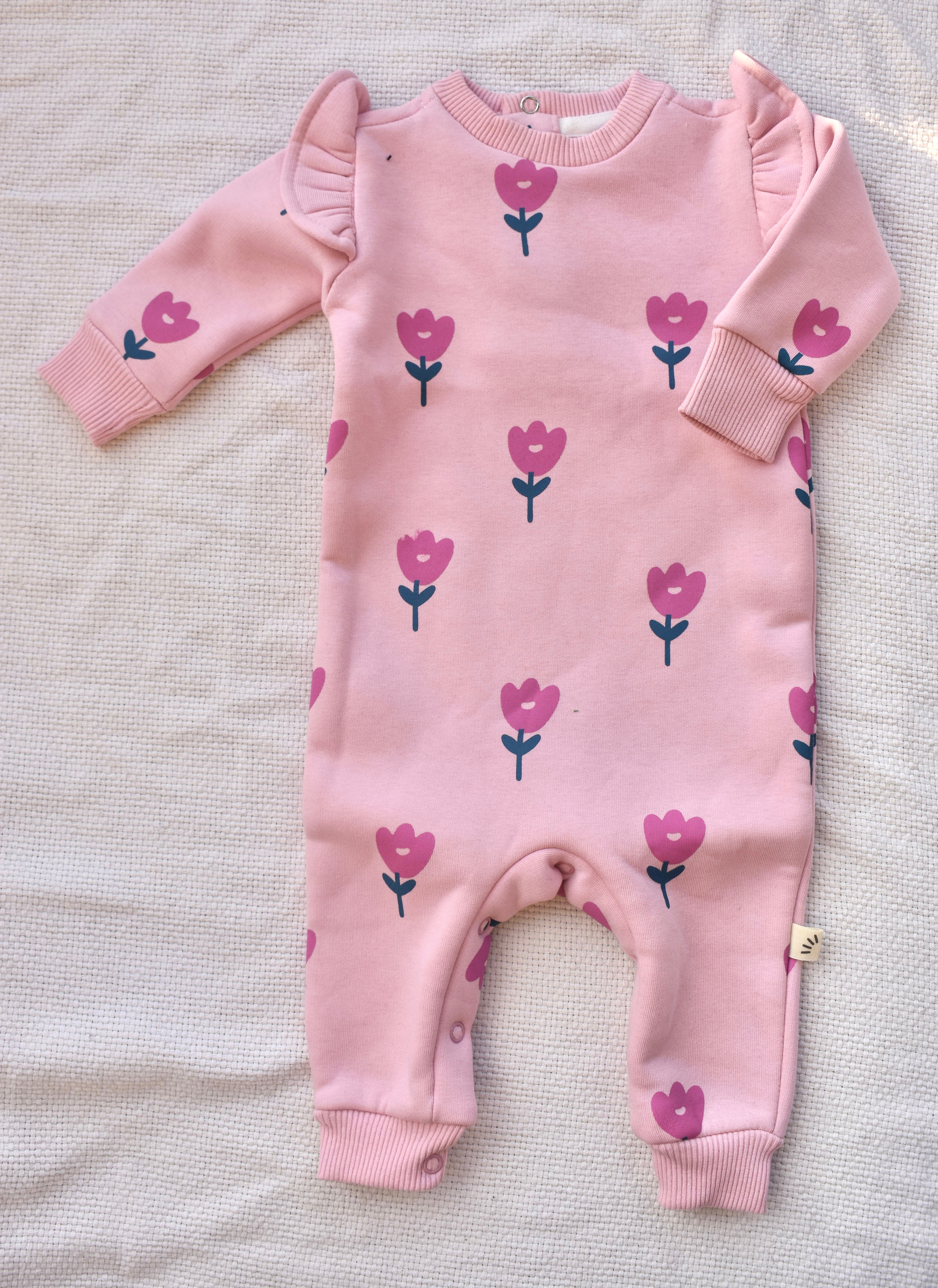 Baby Fleece Cotton Romper – Rose Print Pink