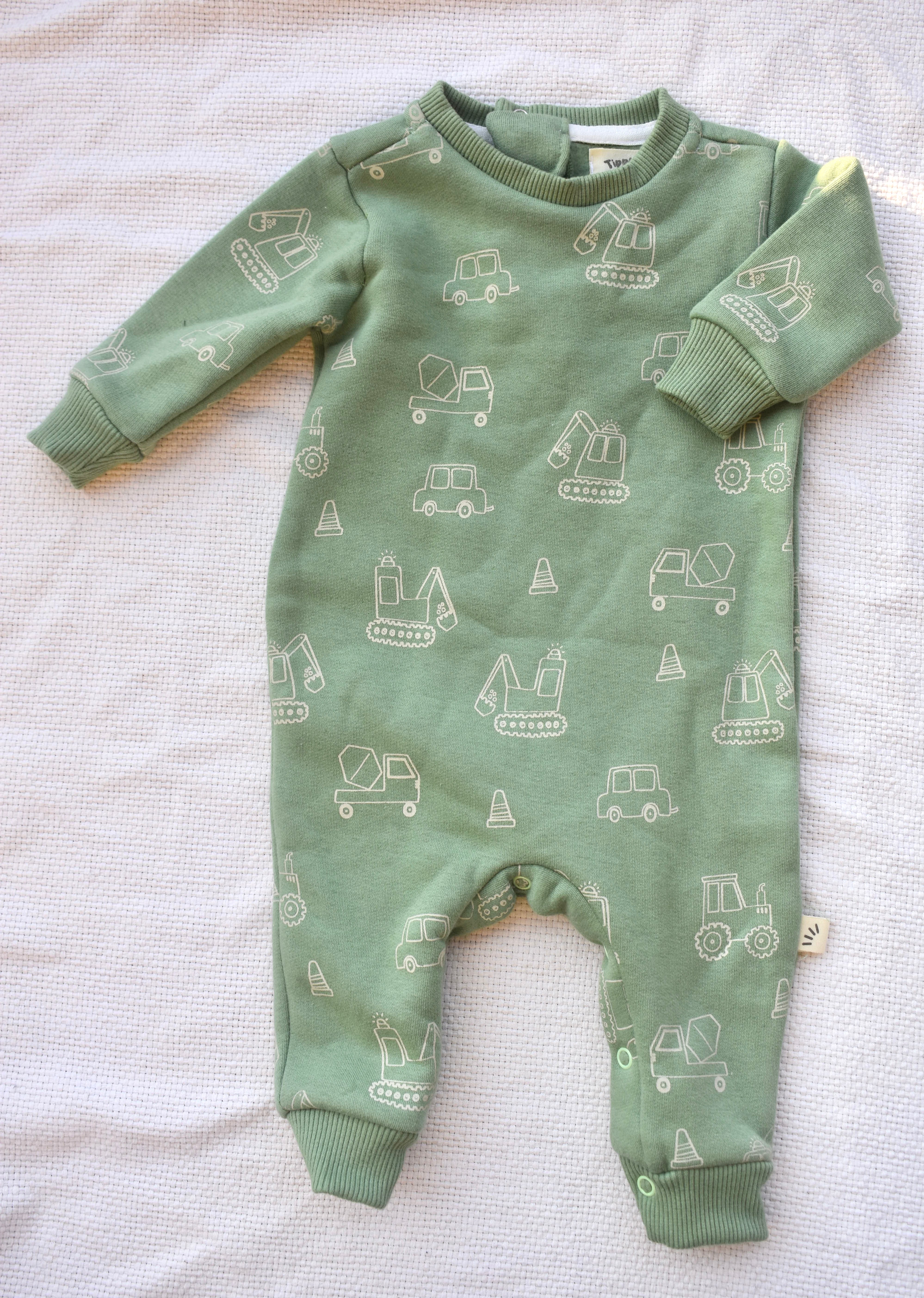 Baby Fleece Cotton Romper – Car and Truck Print Olive Green