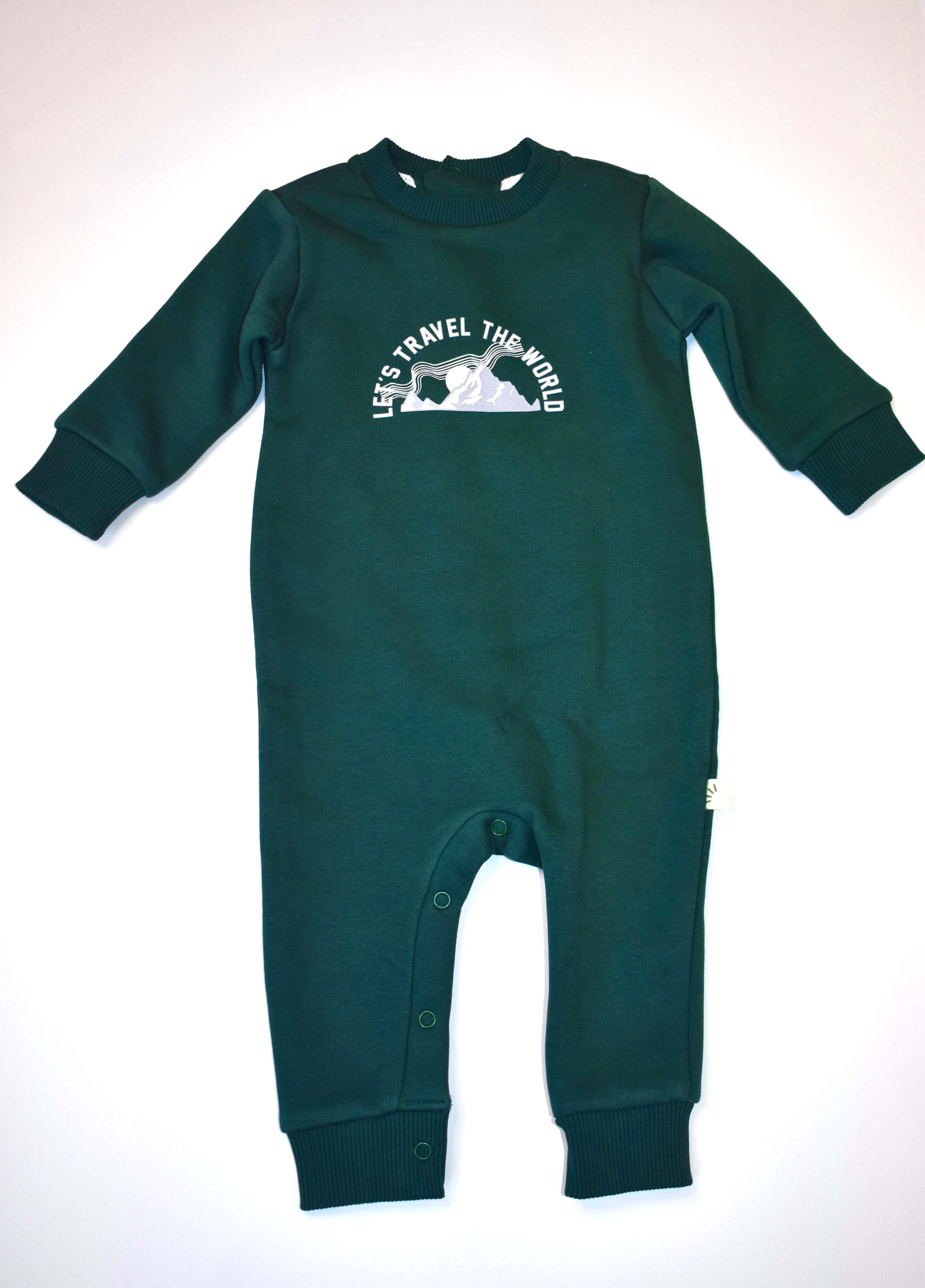 Baby Fleece Cotton Romper – Travel Print Green