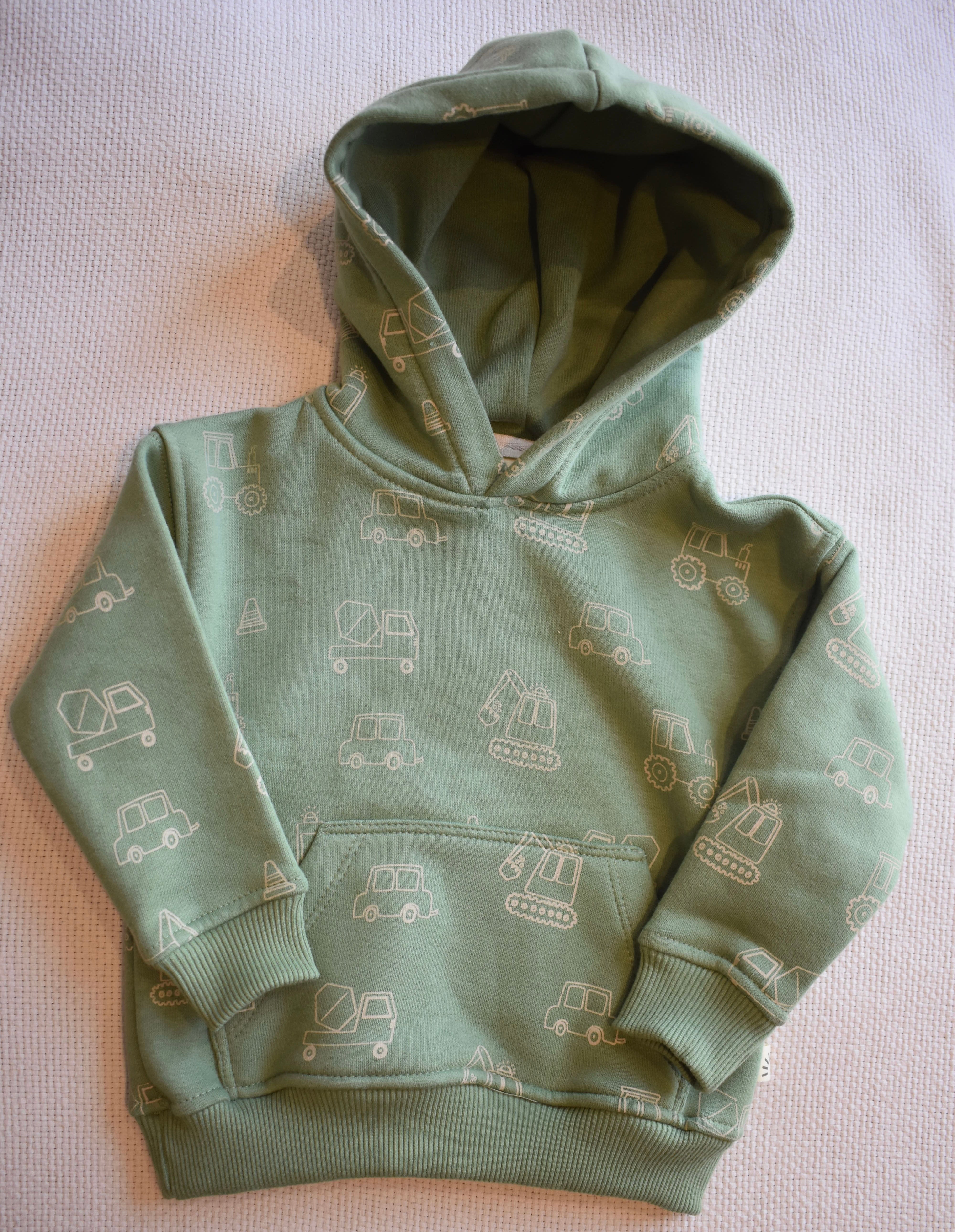 Boys Fleece Hoodies - Car Truck Print Olive Green