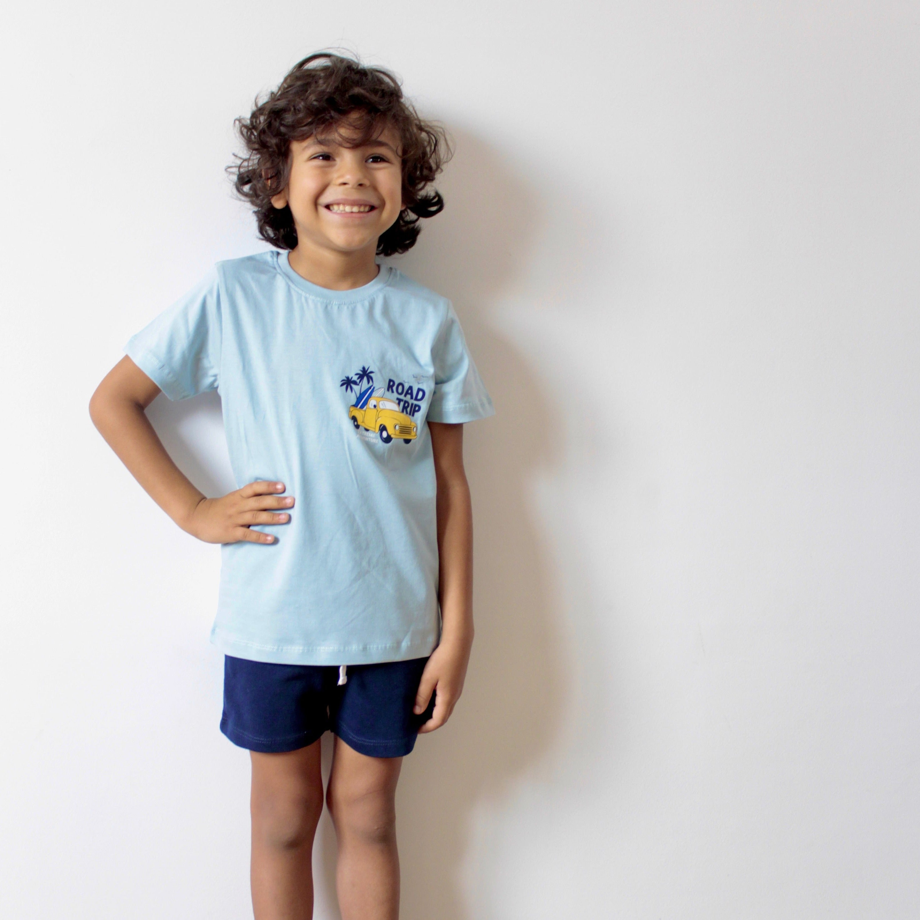 Boys Cotton T-Shirt - Road Trip Print Light Blue