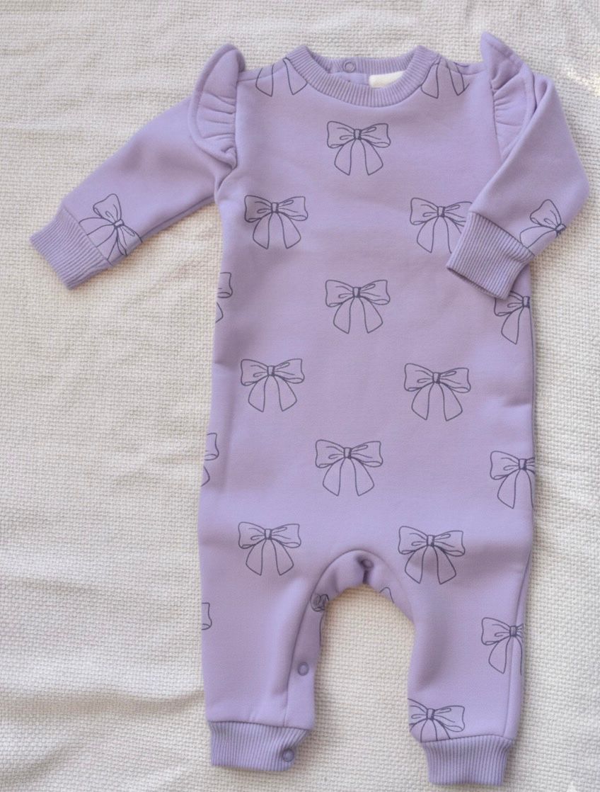 Baby Fleece Cotton Romper – Bow Print Lavender